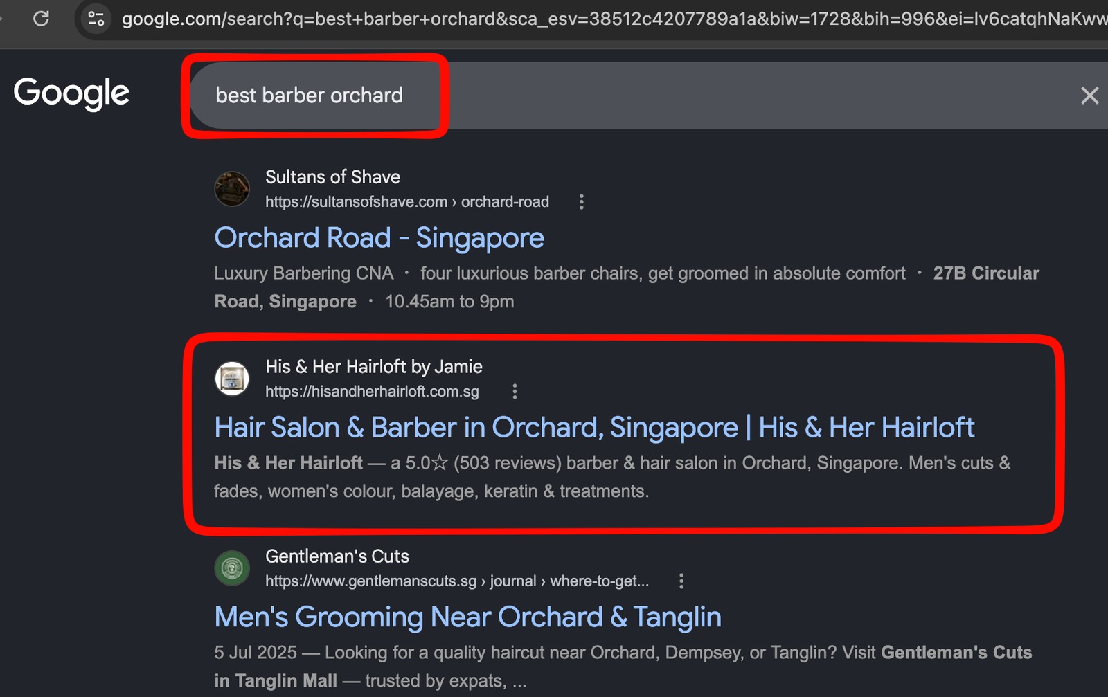 His & Her Hairloft by Jamie: Google Search · Best Barber Orchard. Original client case-study screenshot.