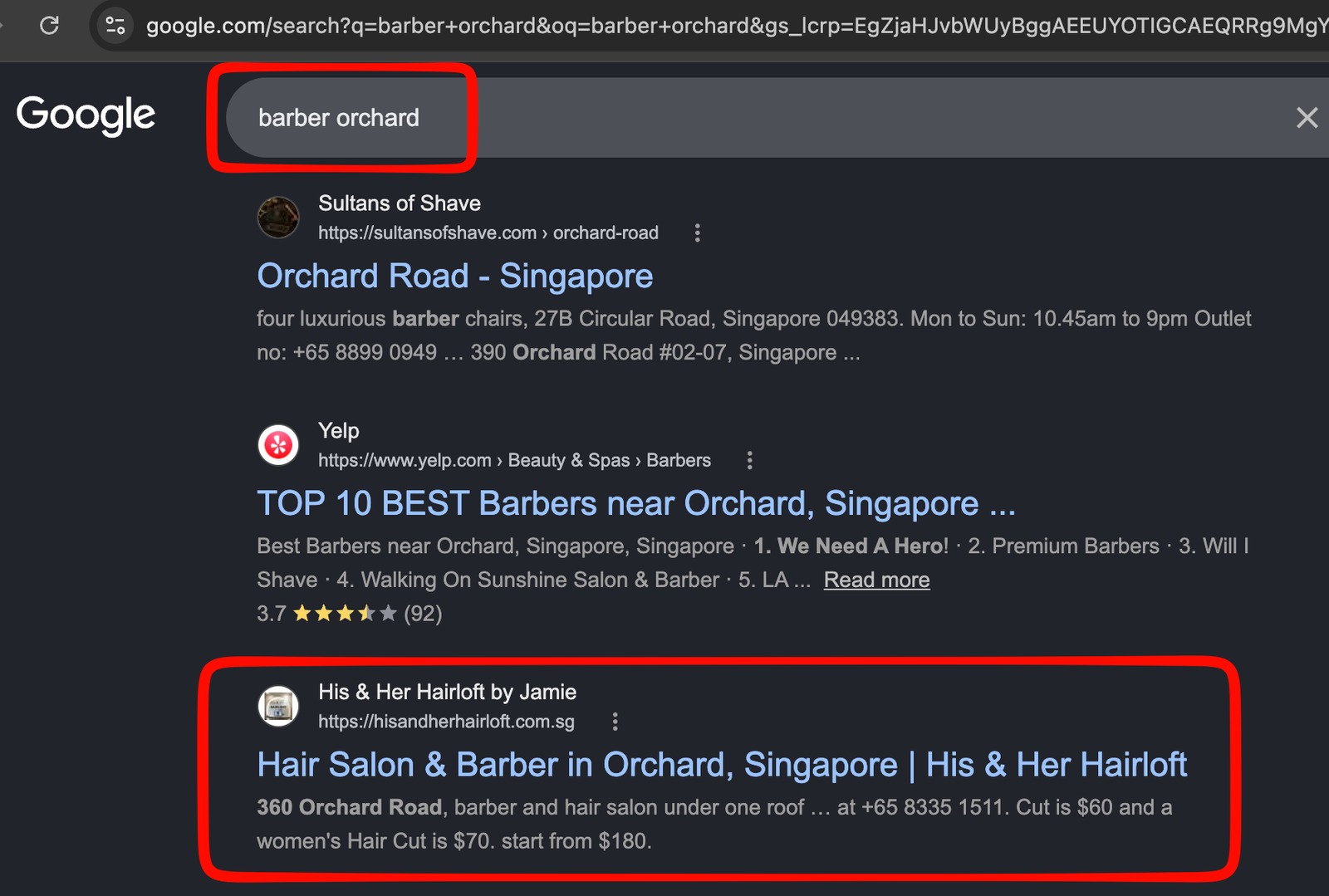 His & Her Hairloft by Jamie: Google Search · Barber Orchard. Original client case-study screenshot.