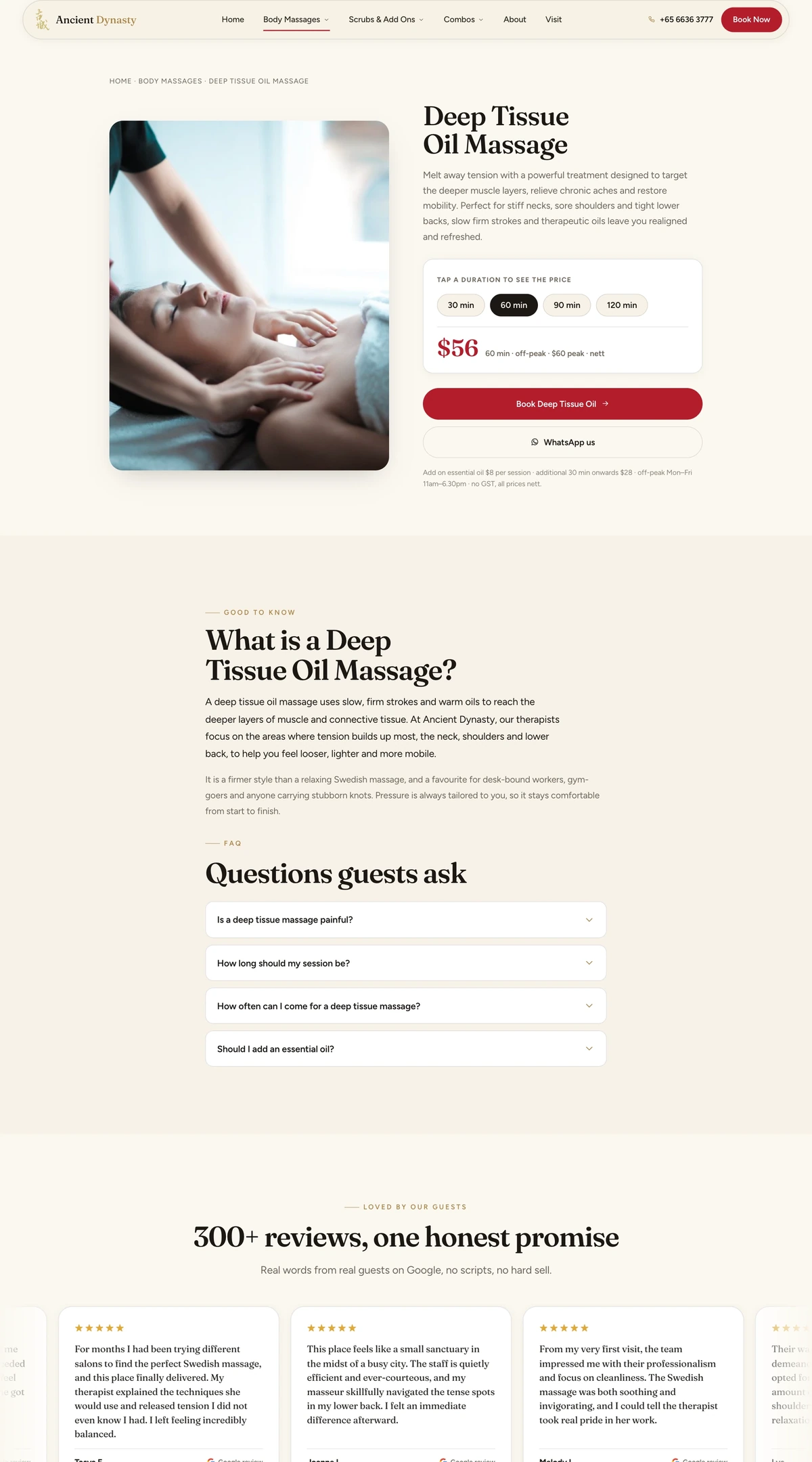 Ancient Dynasty Spa — A treatment page with clear choices
