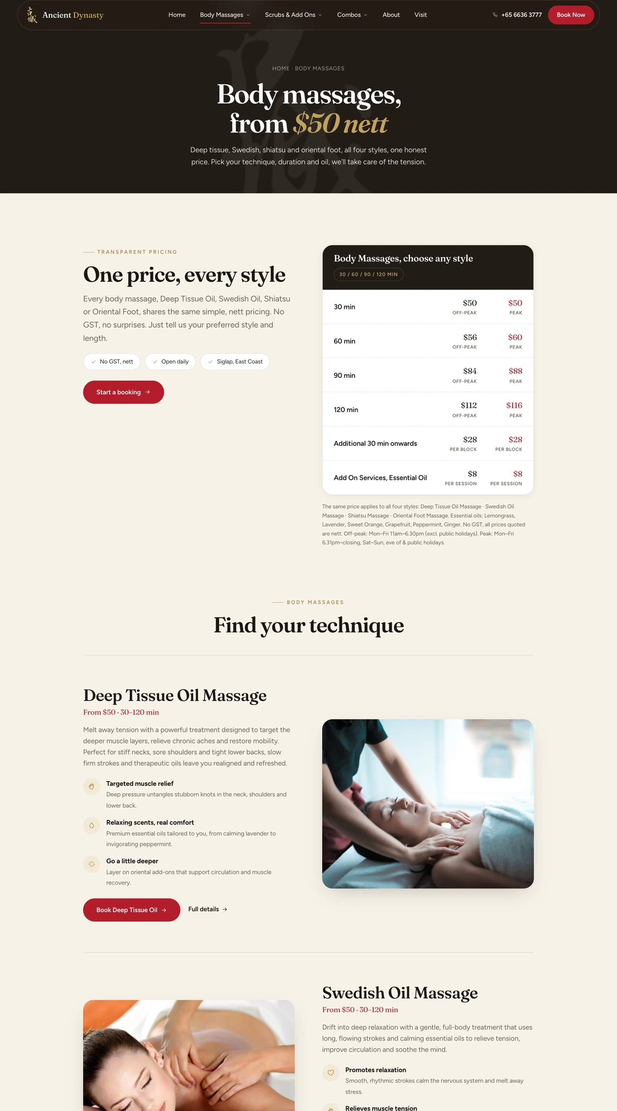 Ancient Dynasty Spa — Compare the treatment menu