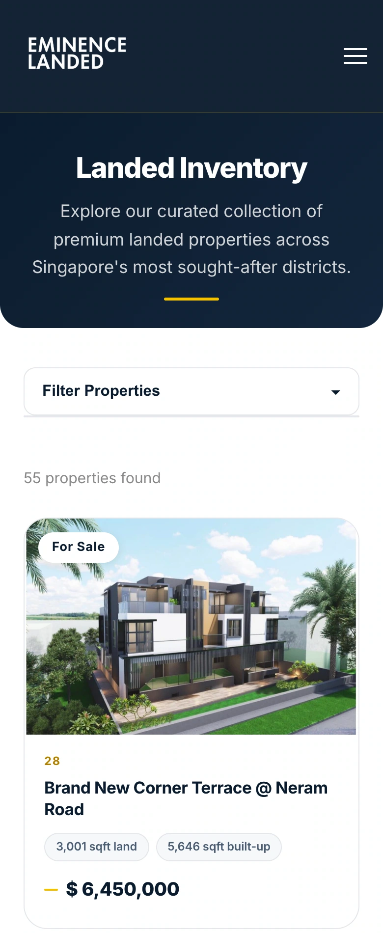 Search a structured property inventory on mobile